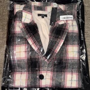 Lulus Posh Weather Black and Pink Plaid Collared Peacoat, NWT, size L